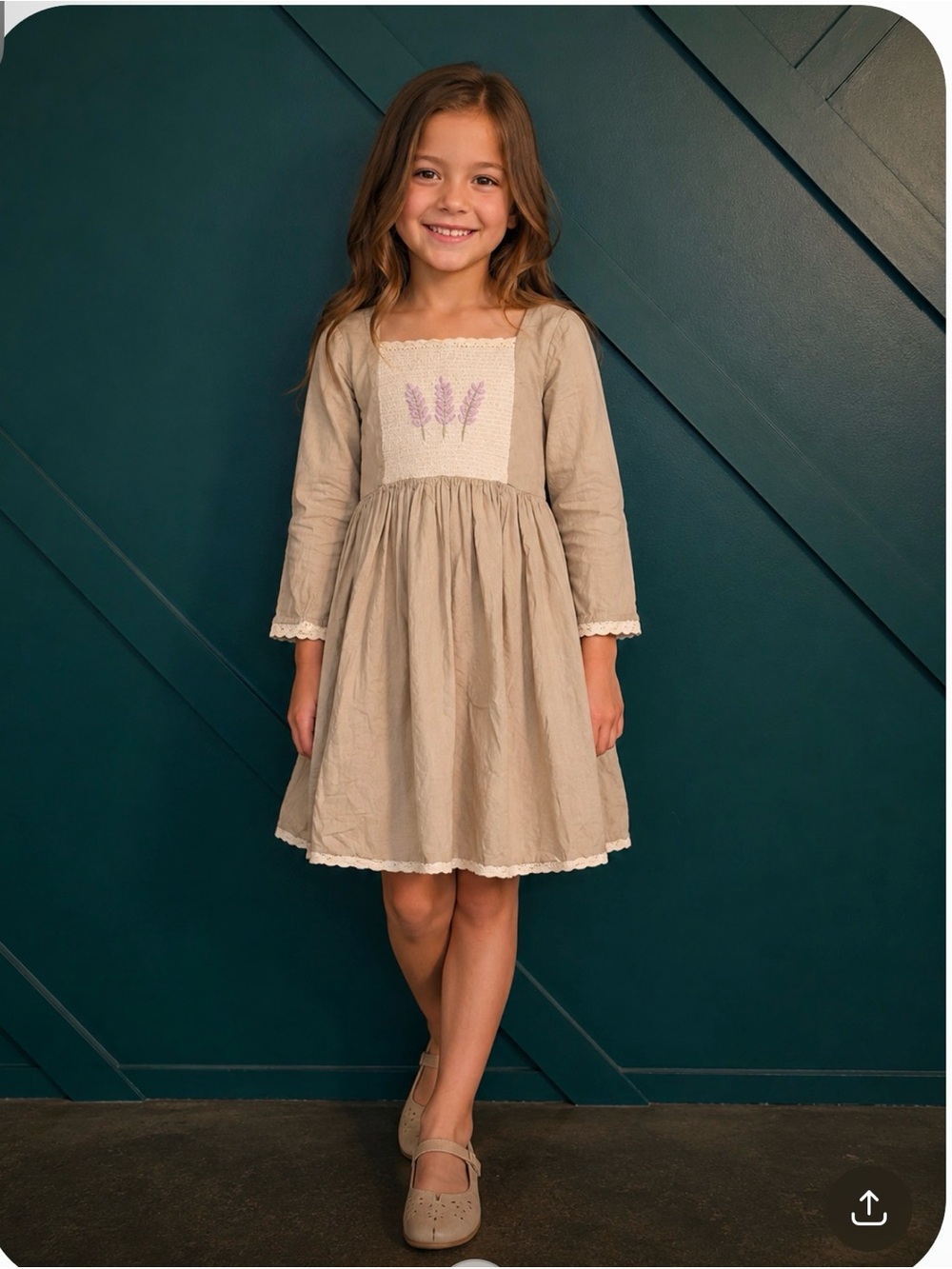 Girls Prairie Cottagecore Dress Beige Lavender Embroidered Smocked Size 7